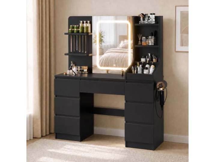JUMMICO Große Schminktisch mit Verstellbaren LED-Beleuchtung Schminktisch mit Spiegel 64cm*54cm Einstellbare Helligkeit 7 Schubladen (Schwarze Ausführung mit Steckdosenleiste)