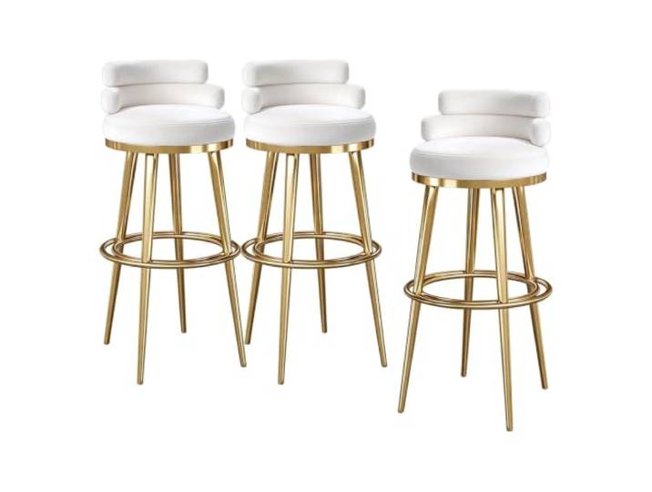 Guyifuny Barhocker für Bistro 3er Set Samt Niedrige Rückenlehne Samtbezug auf hochdichtem Schaum, niedrige Rückenlehne, Metallgestell mit Fußstütze, für Bistro, Küche(White,25.6in Gold)