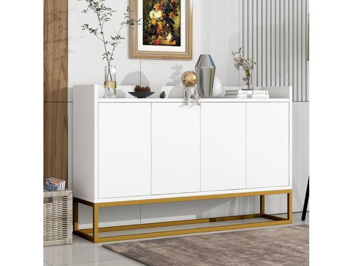 Buffet bas blanc 4 portes sans poignées 120 x 30 x 80 cm sideboard minimaliste avec étagères réglables