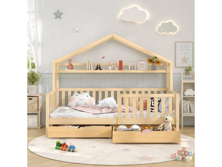 LEMONMAX Lit Cabane Enfant 90x200 cm en Pin Massif avec Sommier à Lattes et 2 Tiroirs – Style Scandinave Naturel