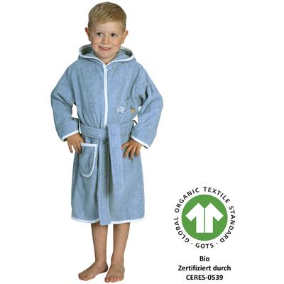 Kinderbademantel WÖRNER "Dinofamilie" Gr. 98, blau (stahlblau), 98/104, Baumwolle, Hausmäntel, Biobaumwolle, mit Stickerei, mit Tasche