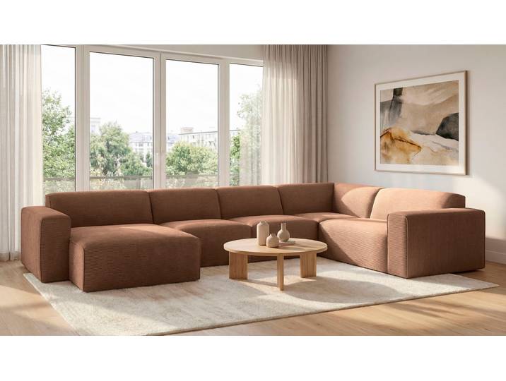 Wohnlandschaft GOODPRODUCT Clayton Breite 371 cm, U-Form , braun (light braun), B:371cm H:70cm T:220cm, 100% Polyester, Sofas, Wohnlandschaft, in einem trendigen Cord-Bezug, verschiedene Kombinationen verfügbar