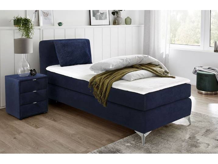 Boxspringbett, Dunkelblau, 90x200 cm, Microfaser, Inkl. Topper, Modern, Jockenhöfer