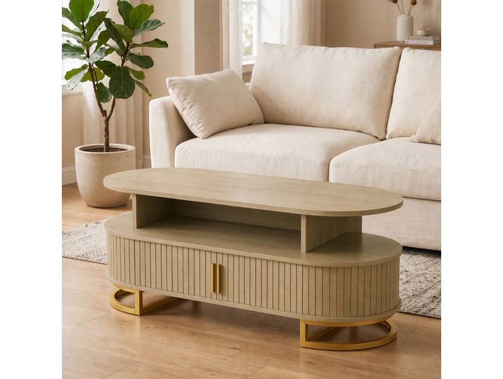 HOMCOM Table Basse Ovale Moderne Chêne Rangement Étagères