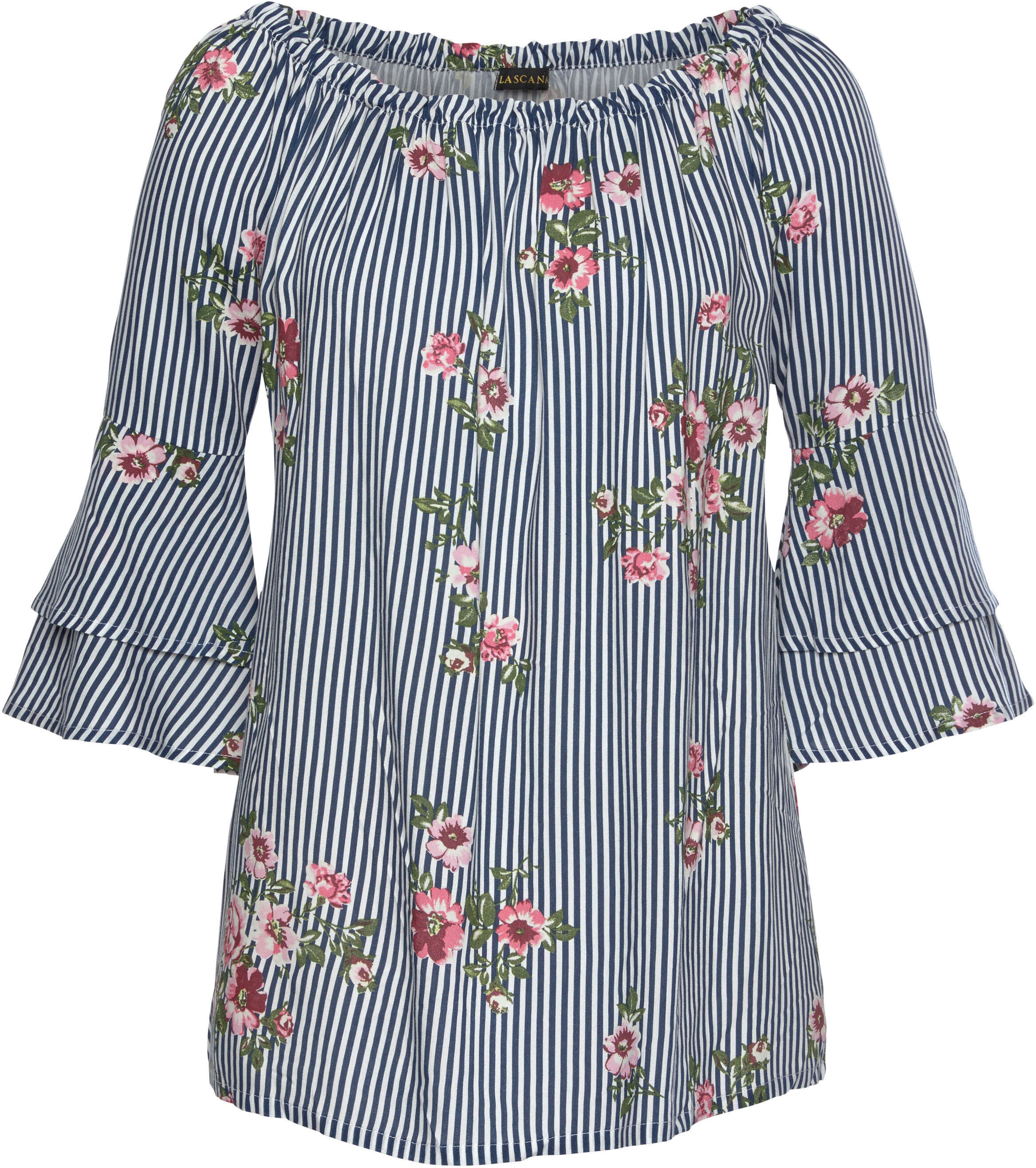 Carmenbluse LASCANA "mit Blumendruck aus gewebter Viskose", Damen, Gr. 38, blau (marine, weiß, gestreift), Web, Obermaterial: 100% Viskose, bedruckt, figurumspielend hüftlang, Carmenausschnitt, Volant, Blusen Carmenbluse, schulterfreie Damenbluse, Volantb