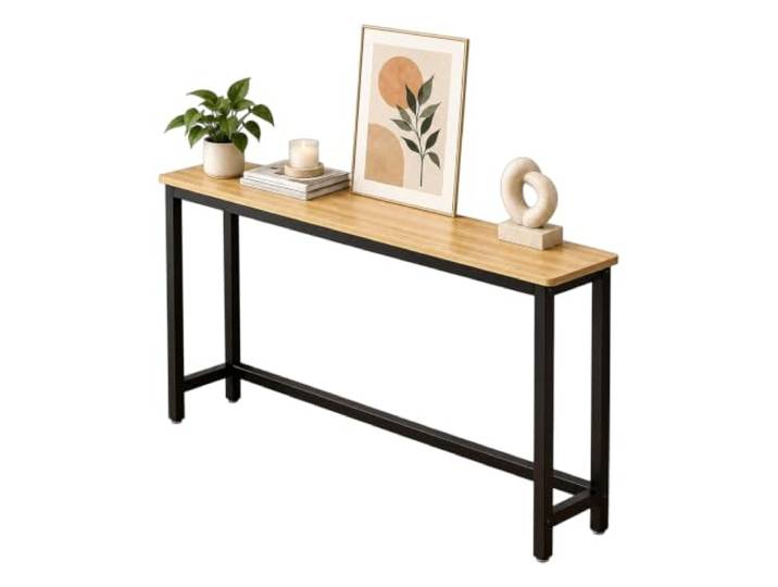 Schmaler Sofatisch, Langer Beistelltisch, Eingangstisch, Schmales Design Holztischplatte / Metallgestell, Offen gestaltet, für Eingang, Flur, Foyer, Wohnzimmer, Holz-Schwarz 140×15×100cm