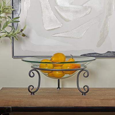 ARCILLA ELEMENTAL Clear Tempered Glass Kitchen Serving Bowl with Black Metal Scroll Stand