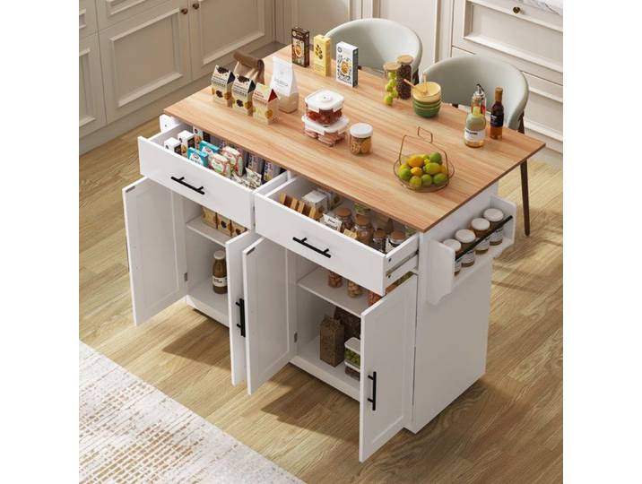 Îlot Central de Cuisine Mobile avec 2 Tiroirs et 4 Portes Table à manger îlot central Blanc et Bois