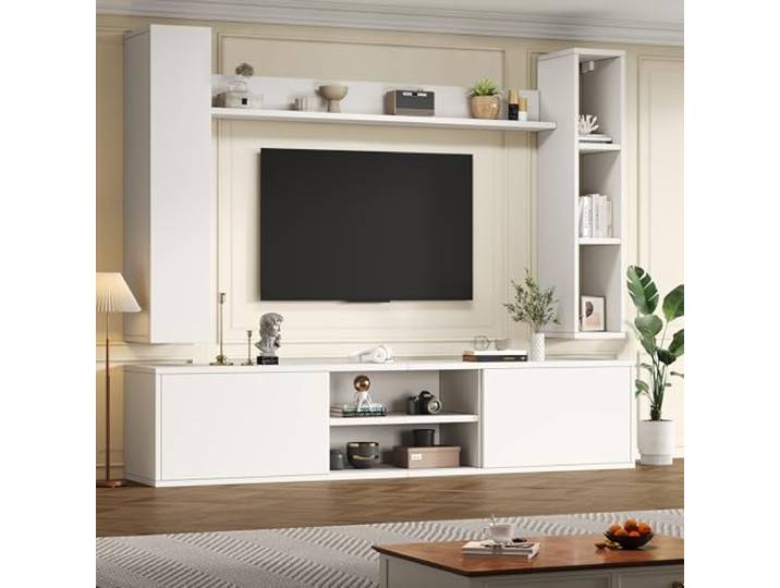 Merax Wohnwand Wohnzimmer 4-Teilig Set, Wohnzimmer Möbel Set, TV Lowboard, Wandregal, 2 Wandschrank, Vitrine Hängend oder Stehend, Wohnzimmermöbel Komplett, Elegante Schrankwand, Mediawand, Weiß