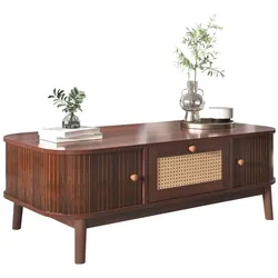 OKWISH Couchtisch 110x55x38 cm Holz Walnuss Rattan Massivholz Schublade Wohnzimmer Tisch natürlicher Stil stabil elegantes Design