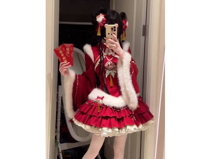 Nouvelle Robe Lolita Cheongsam Améliorée Style Chinois Mignonne à Manches Longues et Taille Cintrée, Robe Bouffante pour Noël et Nouvel An