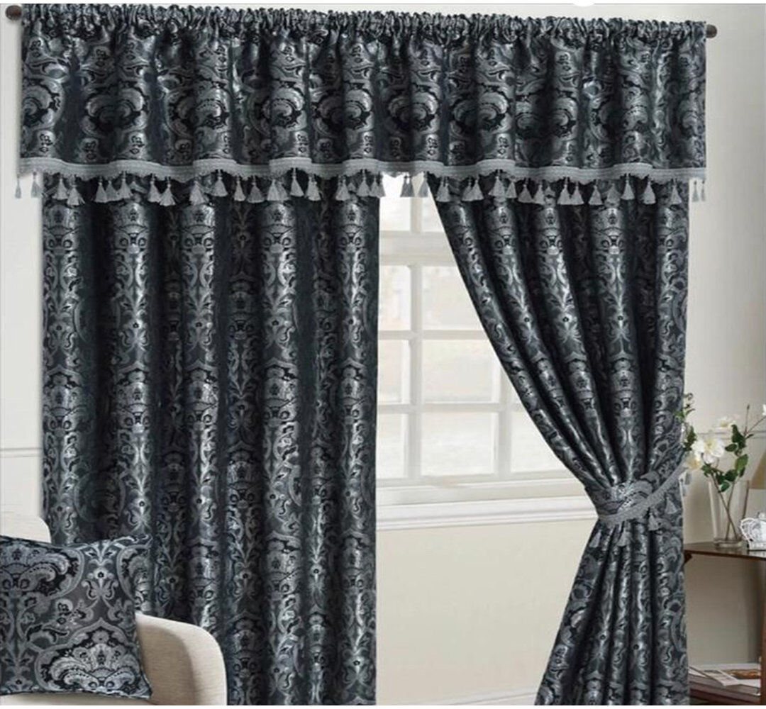 Astoria Grand Jacquard Floral Curtains with Pencil Pleat, Matching Pelmet and Tiebacks Blackout Light Blocking, Grey Width 117cm x Drop 228cm