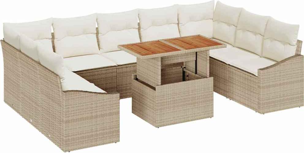Modulares Garten-Sofa-Set, 10-teilig mit viel Stauraum, Poly-Rattan & Stahl, 9 Sitzplätze, Beige Matt