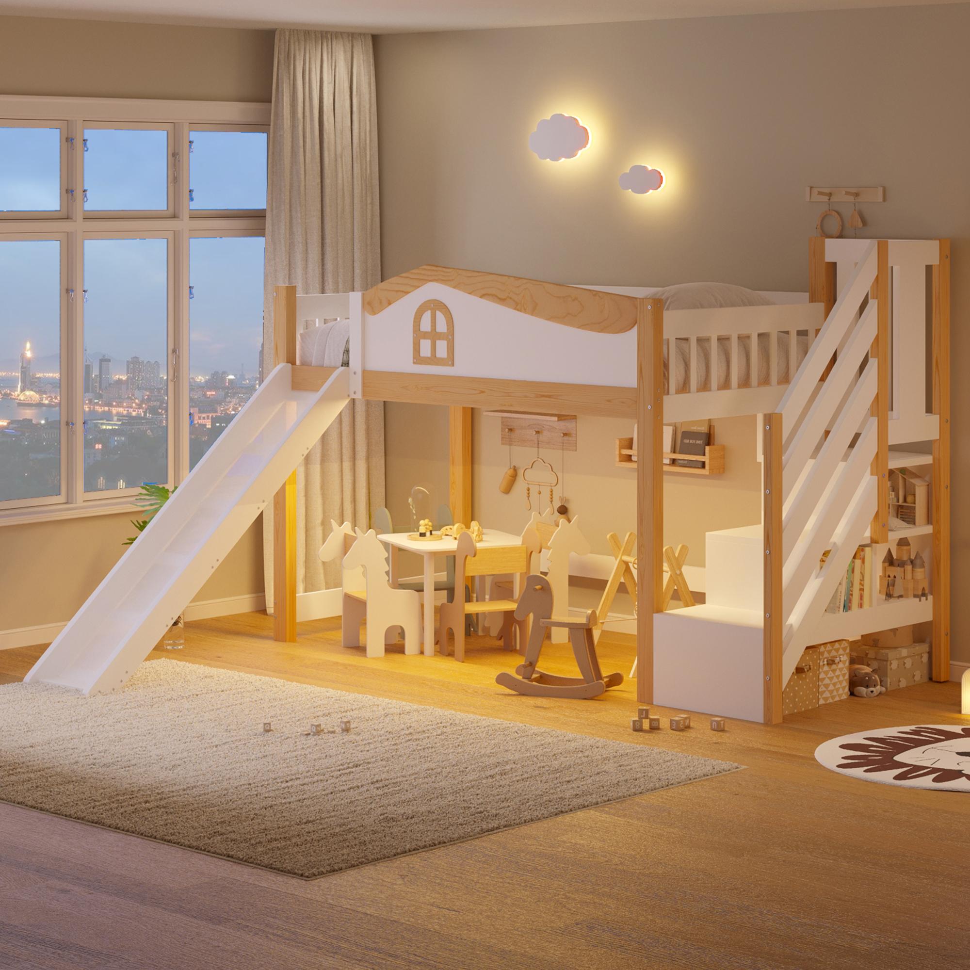 Merax Halbhohes Bett Jugendbett 90x200 cm, Hochbett mit Rutsche, Stauraumleiter, Sicherheitsgeländer & LED-Beleuchtung, Stockbett Kinderbett, Weiß