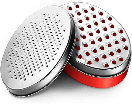 RVS keukenmachine met raspschijf en opvangbak in zilver en rood