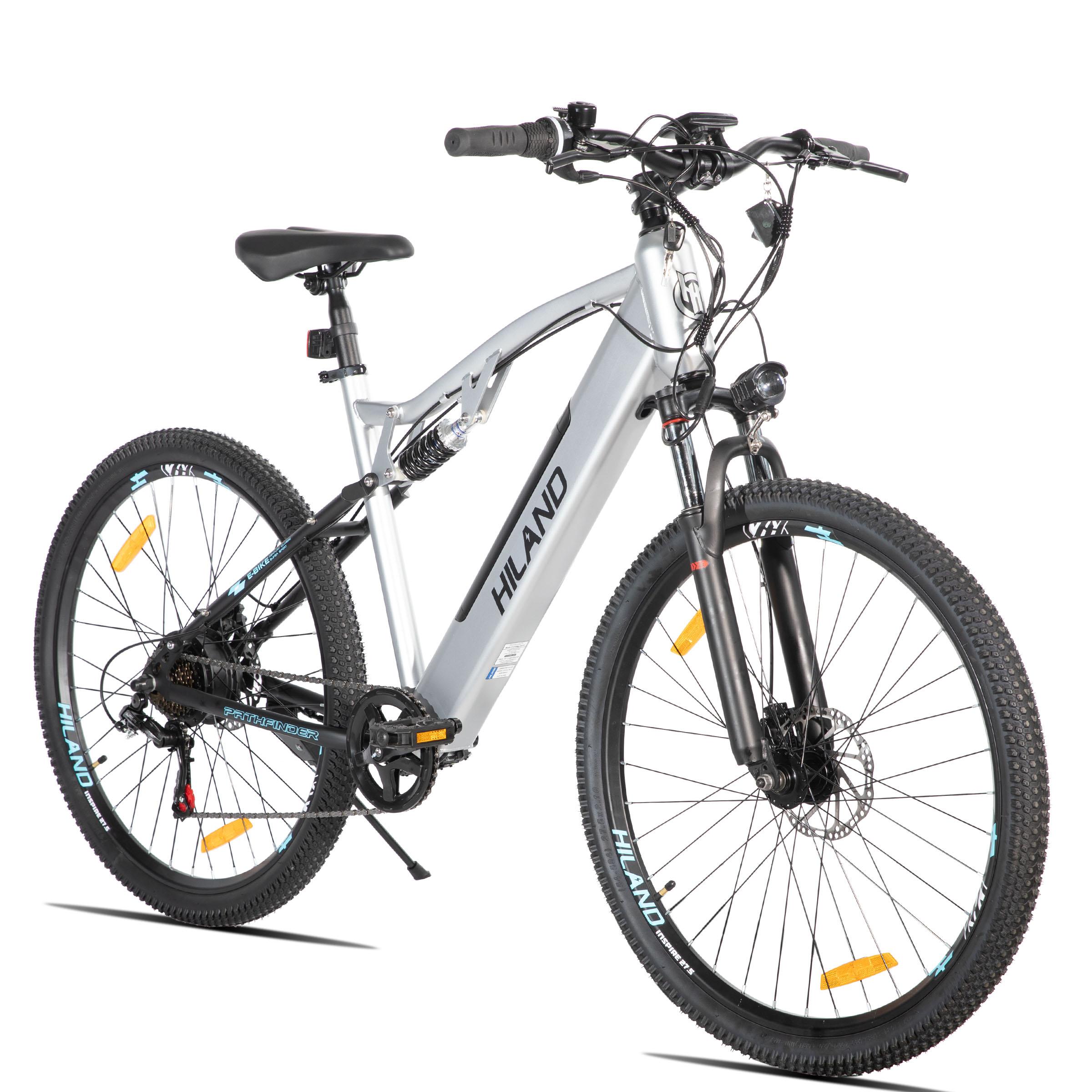 Hiland 27,5-Zoll-E-Mountainbike für Erwachsene, 250-W-Motor, 10,4-Ah-Akku, 7-Gang-Schaltung, mechanische Scheibenbremsen, Federgabel für das Gelände