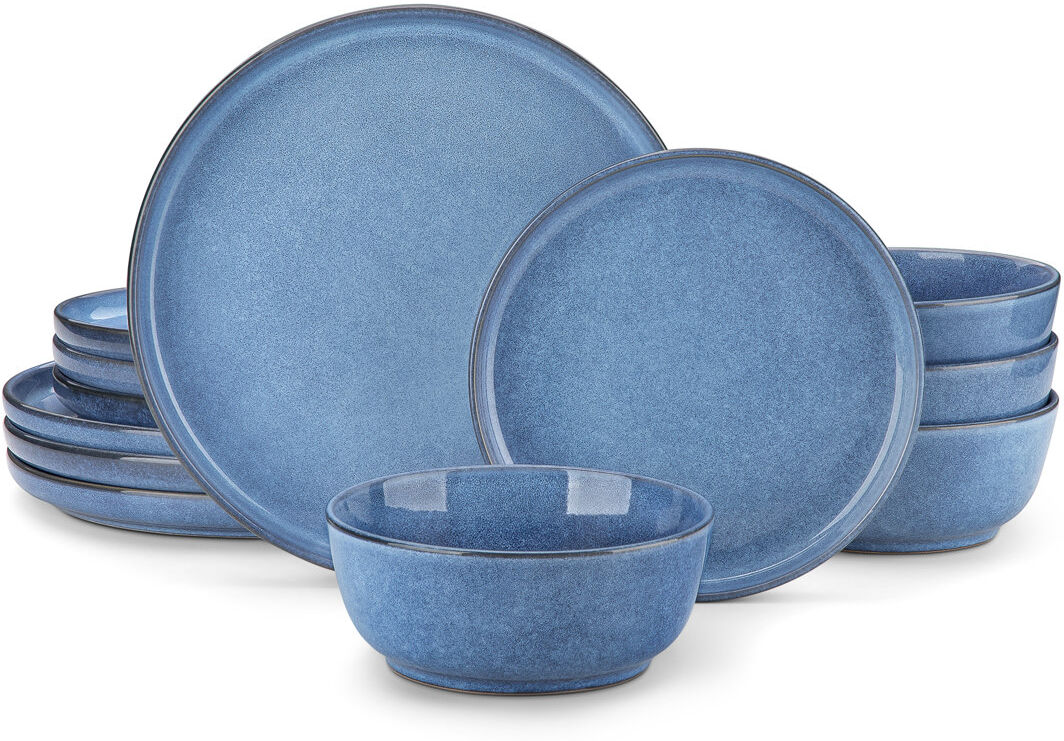 Vancasso 12 Pieces Dinnerware, Pocelain Round Plate, Dinner Plate, Dessert Plate And Bowl with Vertical Edge, Serve For 4 Person, Blue Blue 12