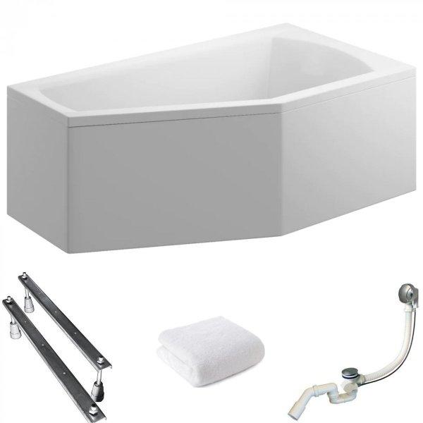Aqua For You | Polimat Badewanne - 140x90cm - Asymmetrische Form - Weiße Verkleidung - Chrom siphon - Acryl - Eckbadewanne - Rechts Seite