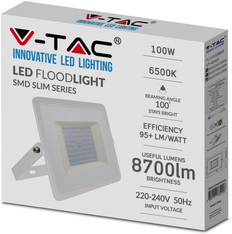 V-Tac Vt-40101 Faro Led 100w E-Series Super Slim Bianco Ip65 Bianco Freddo 6500k - Sku 215969