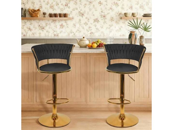 Chaises hautes de bar design-MENGDA-Lot de 2 tabourets en velours-réglables et pivotants (360°)-Structure métal or-Noir