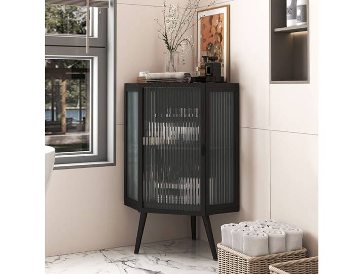 ROVRYN Meuble d'angle 80 cm en métal et verre trempé noir 2 niveaux rangement salle de bain