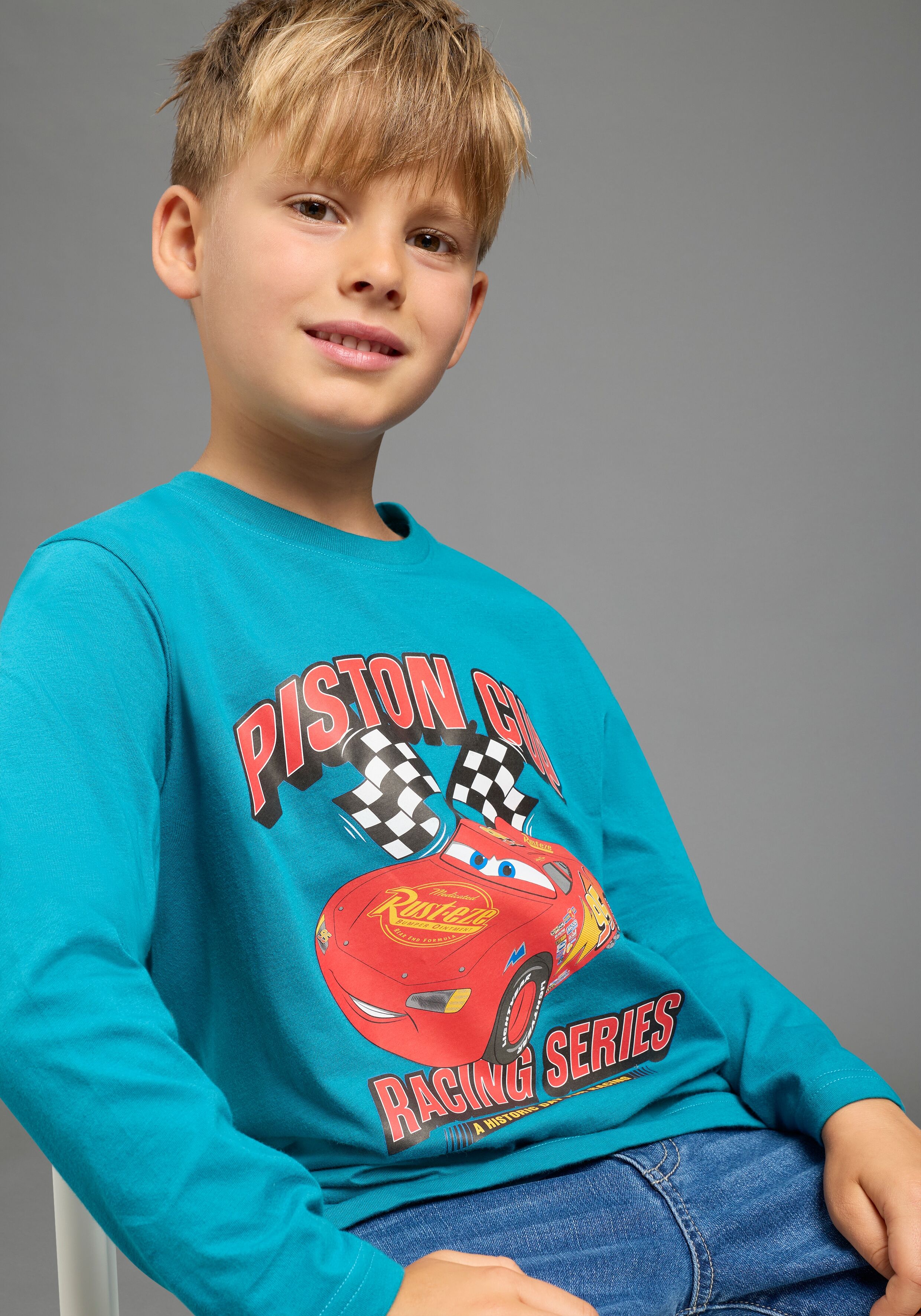Langarmshirt KIDSWORLD "CARS Lightning McQueen Shirt, Disney", Jungen, Gr. 116/122, blau (petrol), Single Jersey, Obermaterial: 100% Baumwolle, bedruckt, Basic normal, Rundhals, Shirts Langarmshirt, Disney-Shirt, Basic-Passform, Langarm, modischer Stil pe
