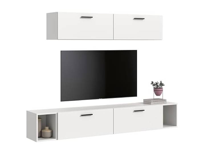 xonox.home – Wohnkombination The One 202x184x34 cm in Weiß Nachbildung – Hohe Wandkombination mit 4 Klappen – 10 Fächer bieten strukturierten Stauraum für Ordner oder Geschirr in modernem Weiß