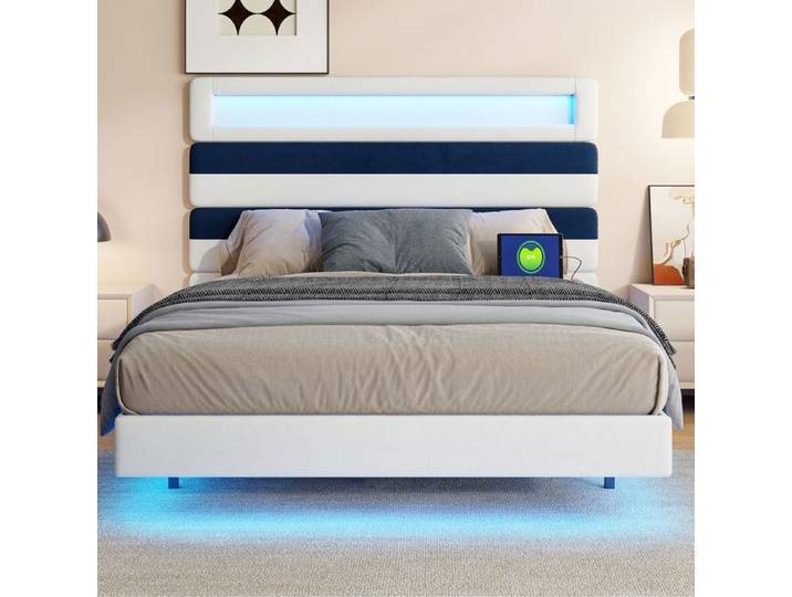 Lit Double 140x190 Adulte Flottant Intelligent LED RGB et Prise USB Tête de lit Velours Personnalisable Blanc et Noir