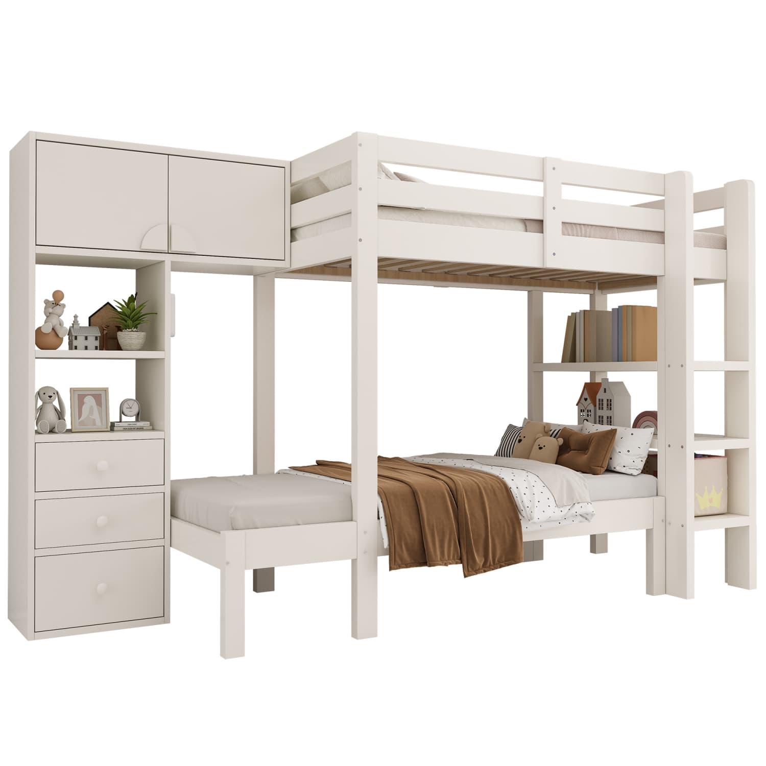 Etagenbett 90x200 cm mit intelligentem Nachtlicht, Versetztes Design mit Schrank, Regal & Schubladen, Großzügiger Stauraum,90x200 cm, EN747-1:2024