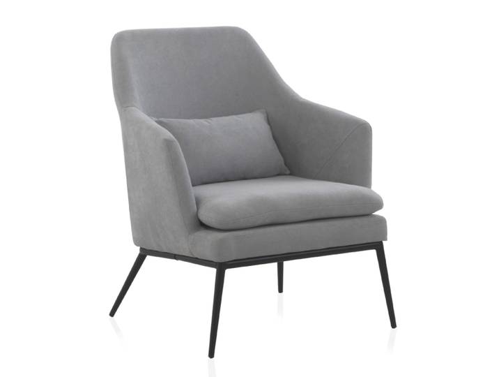 Fauteuil tapissé gris perle avec coussin et pieds en métal noir