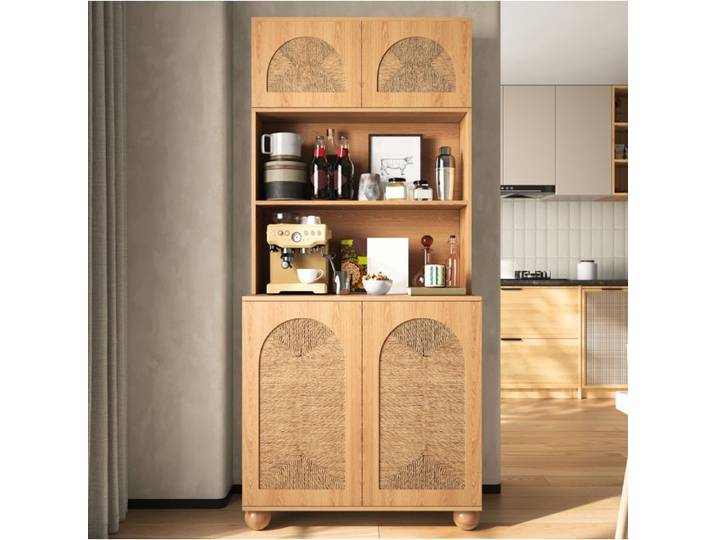 HOMVRA Buffet haut vitrine 80x40x180 cm en panneaux de particules et MDF naturel portes tressées