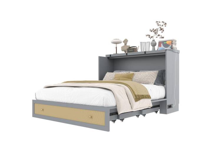 Modfu Polsterbett aus MDF 140x200 cm in Grau mit USB & Steckdose, 140x200 cm, Schlafzimmer, Betten, Polsterbetten