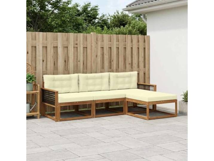 HFMDRMU Outdoor-Sofagarnitur mit Kissen 4-teilig Natur und Creme, modulares Sofa-Set aus massivem Akazienholz für Garten und Terrasse, Eckgruppe mit ergonomischer Rückenlehne