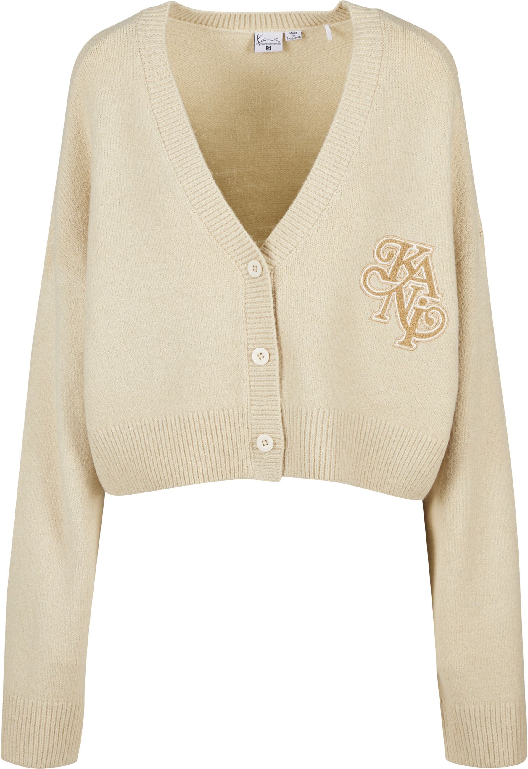Strickjacke KARL KANI "Karl Kani Kani Legacy Knit Cardigan", Damen, Gr. S, beige (sand), 100% Polyacryl, unifarben, oversize, V-Ausschnitt, Strickjacken Strickjacke