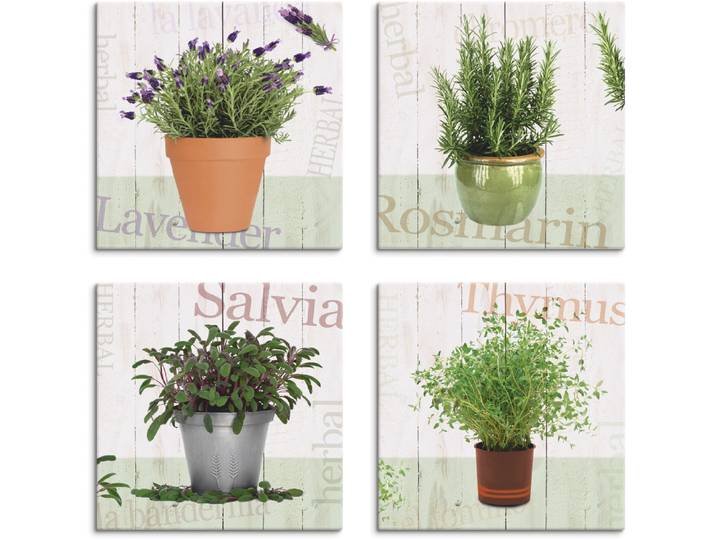 Leinwandbild ARTLAND Lavendel, Rosmarin, Salbei, Thymian , beige (farbe bild(er): naturfarben), B:40cm H:40cm, Leinwand, MDF, Bilder, Leinwandbild, 4er Set, verschiedene Grössen