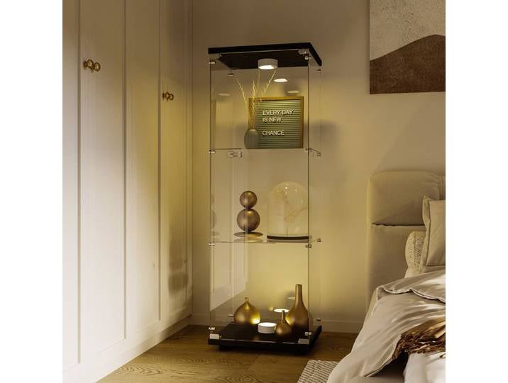 Vitrine en Verre avec Lumières LED Vitrine de Collection avec Serrure 1 Porte et 3 Compartiments 42x36x125 cm Noir