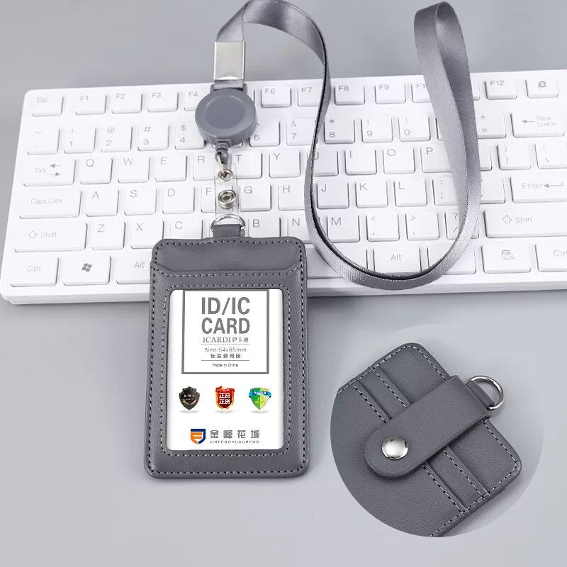 INF Étui porte-carte d'identité en cuir véritable avec lanière rétractable Gris