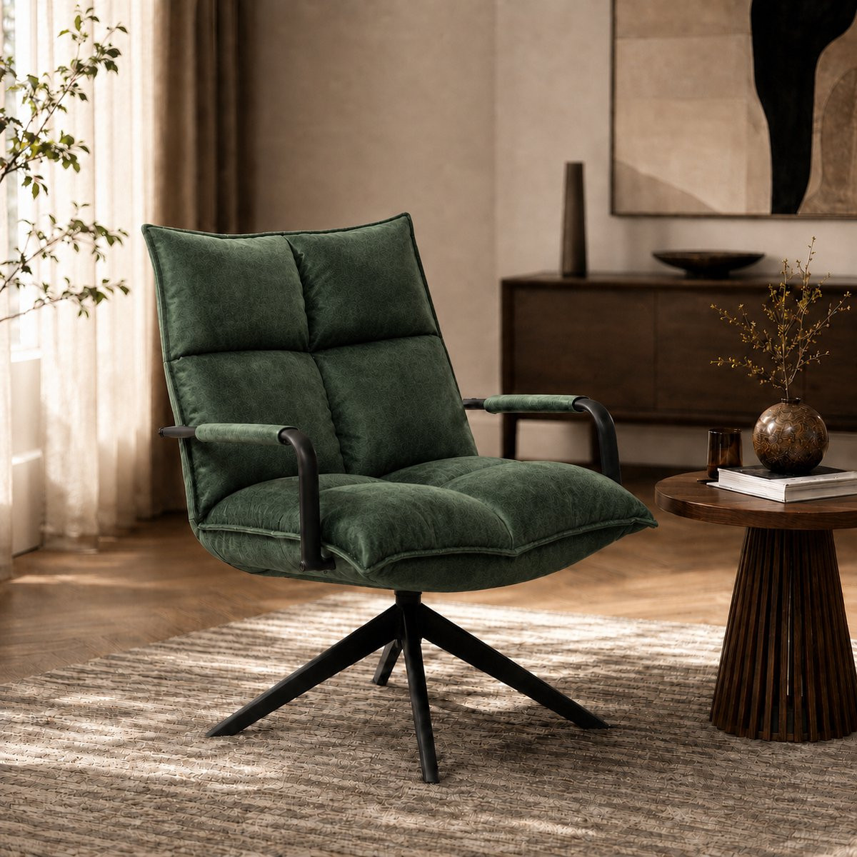 Draaifauteuil Floris Velvet Groen - 360 graden draaibaar loungefauteuil voor de woonkamer