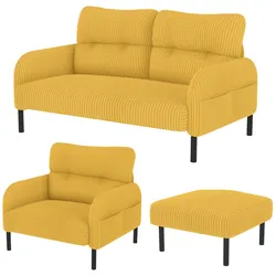 Cord 3er-Set Sofa, Sessel und Hocker mit Seitentasche – Flexibles Design, ergonomisch und komfortabel – Senfgelb