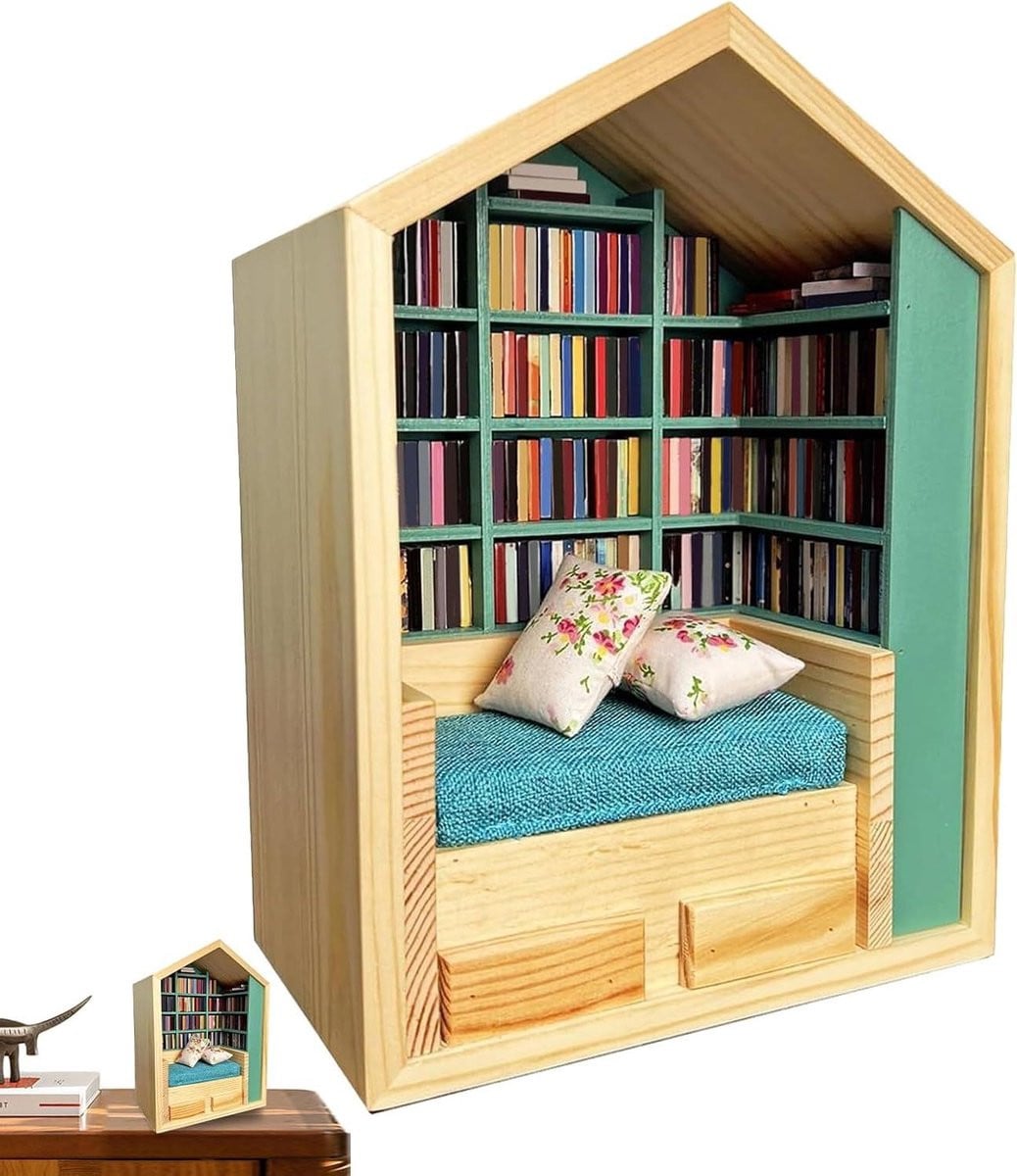 Miniatuur Bibliotheek Boekenrek Decoratie in Houtkleur - Breedte: 23 cm