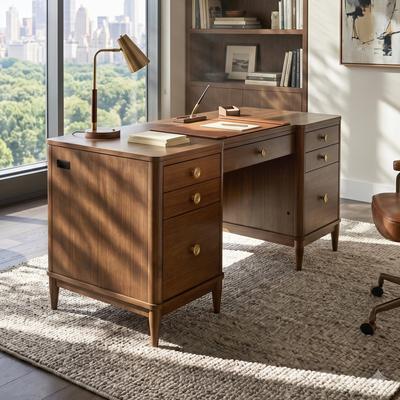 Furniture of America Mariey Mid-Century Modern Walnut Wood 6-Drawer Executive Desk with Keyboard Tray and Power Outlet