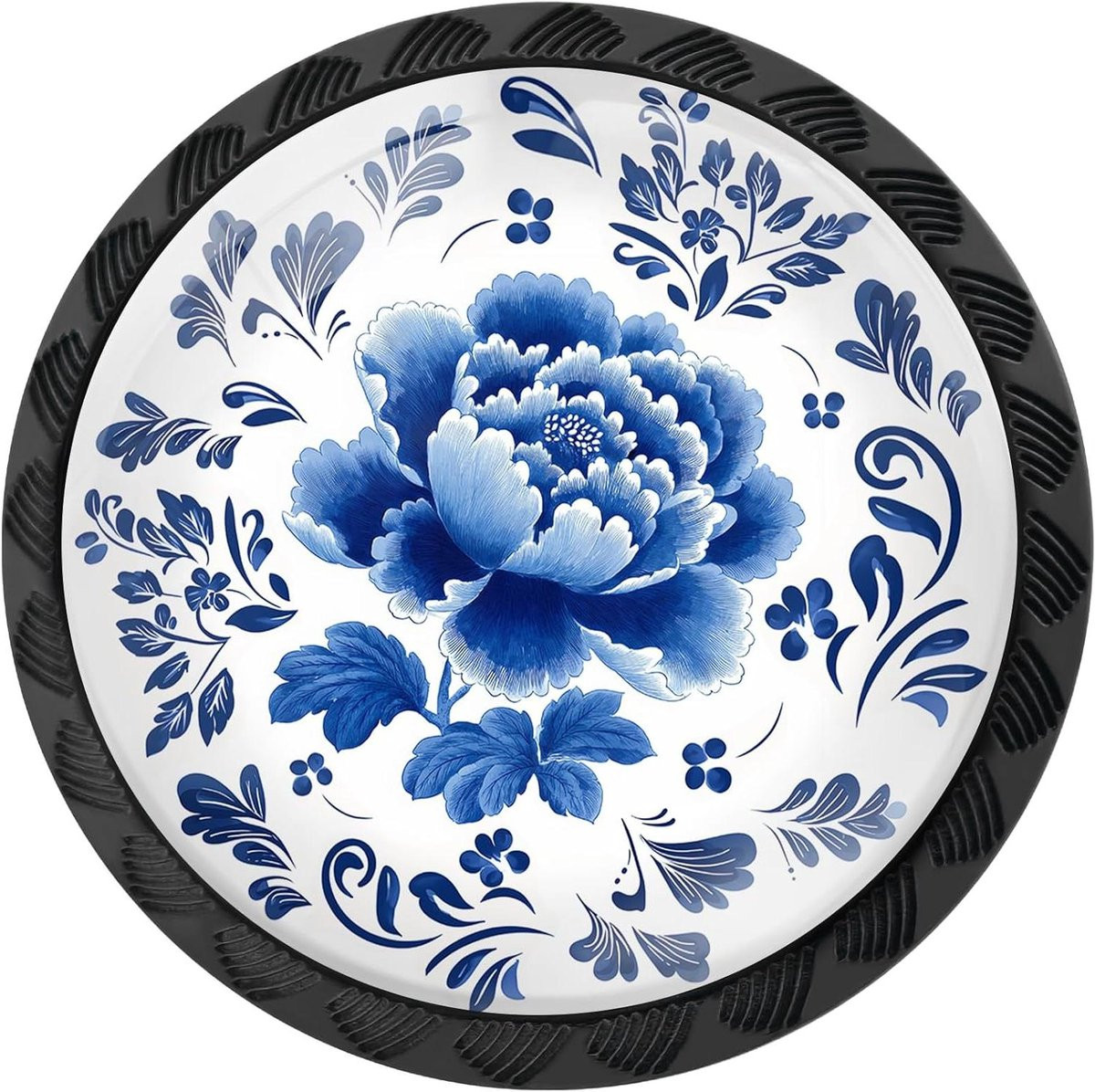 Set van 4 porseleinen kastknoppen met blauw-wit pioenroos design
