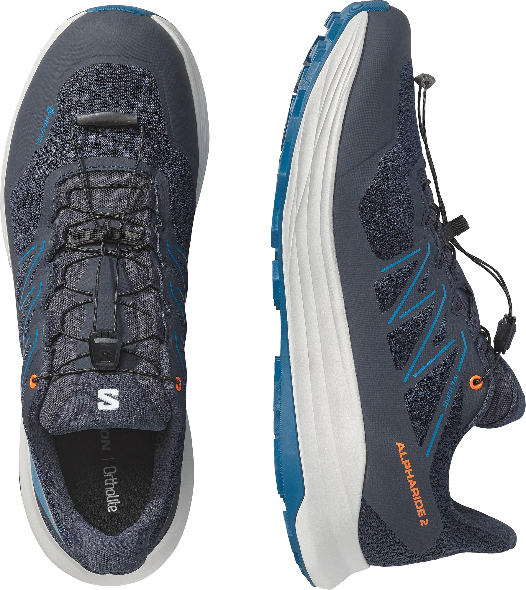Trailrunningschuh SALOMON "ALPHARIDE 2 GORE-TEX", Herren, Gr. 44,5, blau (schwarz navy, mykonos blau, dragon fire), Synthetik, Textil, Schuhe Trailrunningschuh, wasserdicht schwarz navy, mykonos blau, dragon fire 44,5