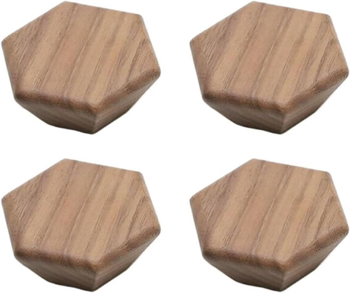 Set van 4 houten meubelgrepen in walnoot met een geometrisch hexagon design