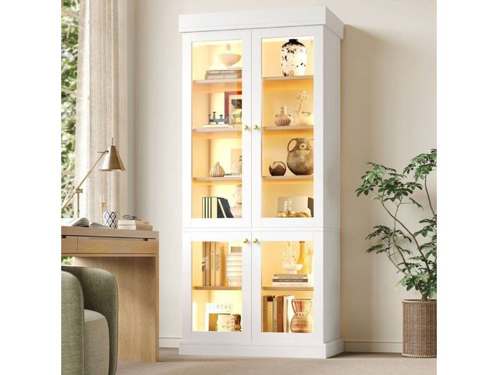 Vitrine Lumineuse Blanche - Bibliothèque - en Verre - avec Éclairage LED Vertical Double et 4 Portes Vitrées - Style Moderne