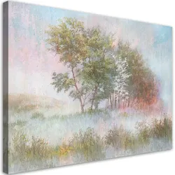 WANDBILD bäume auf einer nebligen wiese