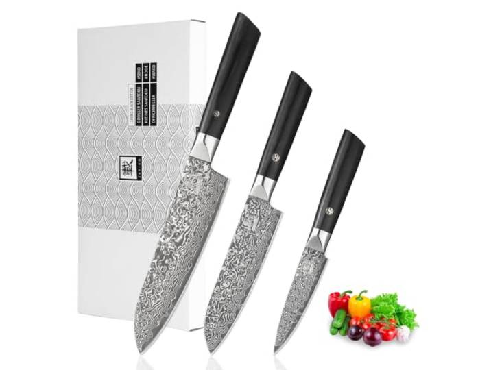 zayiko Black Edition 3er Damastmesser-Set, 67 Lagen Damaststahl, VG10 Kern Santoku, kleines Santoku, Officemesser; schwarze Klingen, Pakkaholzgriffe, V-Schliff 15° beidseitig, 60±2 HRC, in Geschenkbox