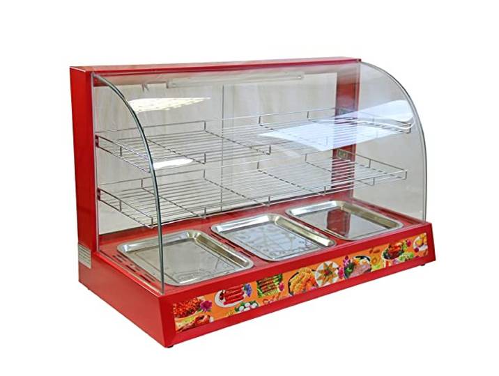 KuKoo Speisenwärmer Vitrine Speisevitrine Gastro Elektrische Warmhaltevitrine Warmhaltetheke Buffetwärmer 2 Regale mit Glasschiebetüren 95cm in Rot