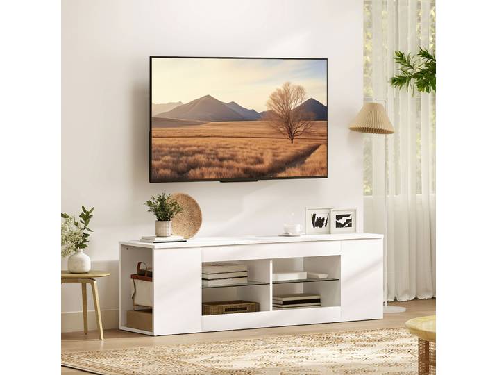 HOMCOM Support TV 140cm Blanc avec 6 Compartiments et Verre