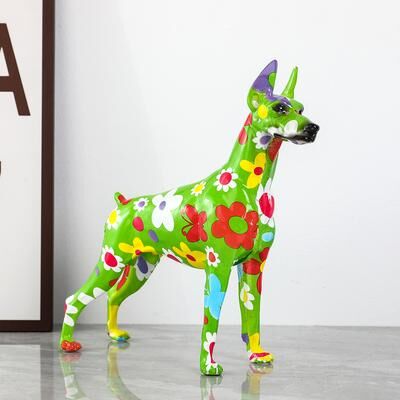 On Spot Shop Graffiti Style Doberman Dog Statue Resin Crafts, Simple Creative Painted Color Decor For Home Entrance, Office, Wine a023 Fl
